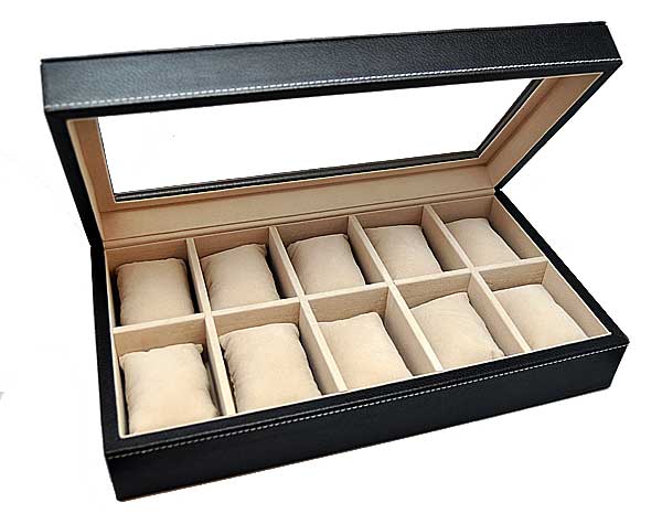 Leder Uhrenbox für 10 Uhren Uhrenkoffer Sammelbox schwarz NEU 9761