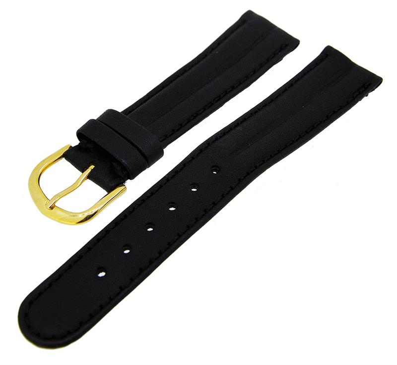 Uhrenarmband Lederband Schwarz Gold Doppelwulst 18mm dick gepolstert NEU 14131