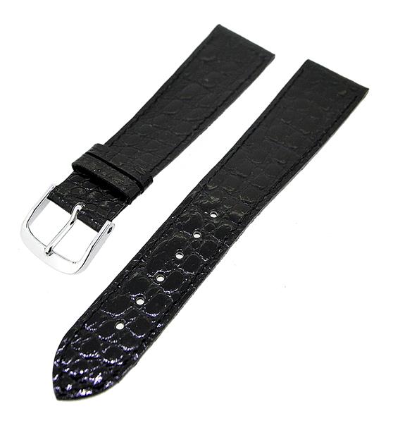 Uhrenarmband Lederband Schwarz Ton in Ton Kroko 18mm Dornschließe Silber 14250