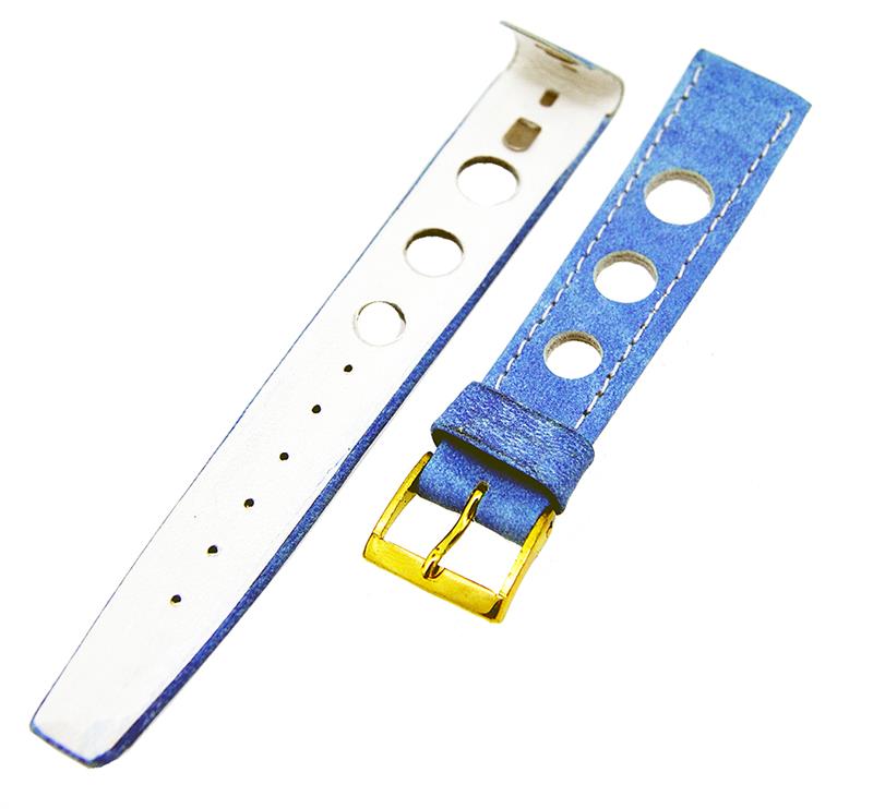 Uhrenarmband Lederband CLIP Blau 3-Loch 18mm Dornschließe Gold NEU 14443