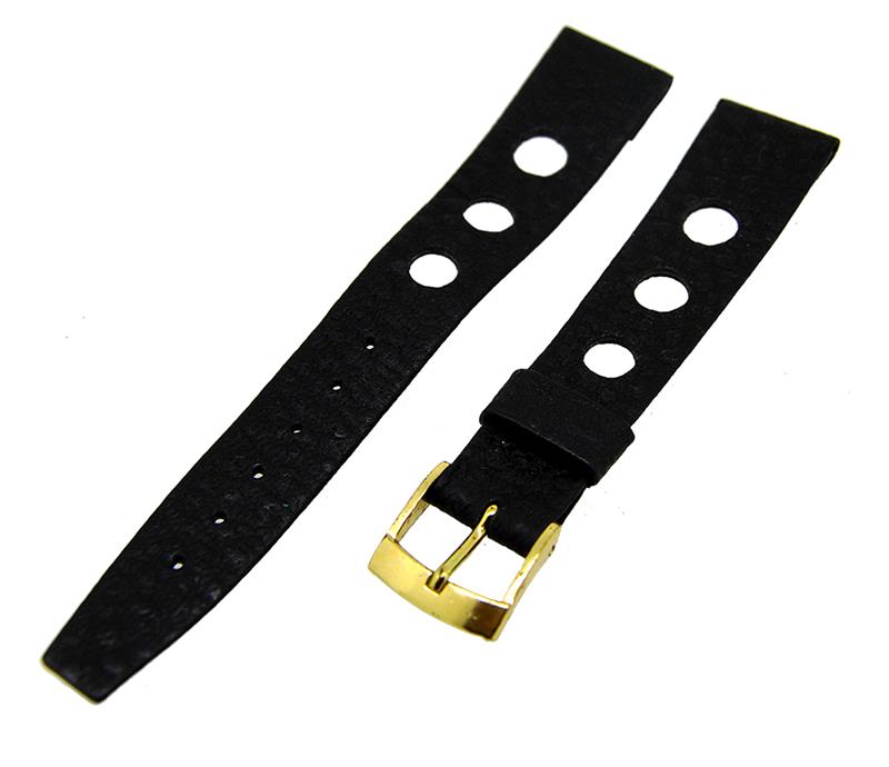 Uhrenarmband Lederband Schwarz Struktur 18mm Dornschließe Gold NEU 14447