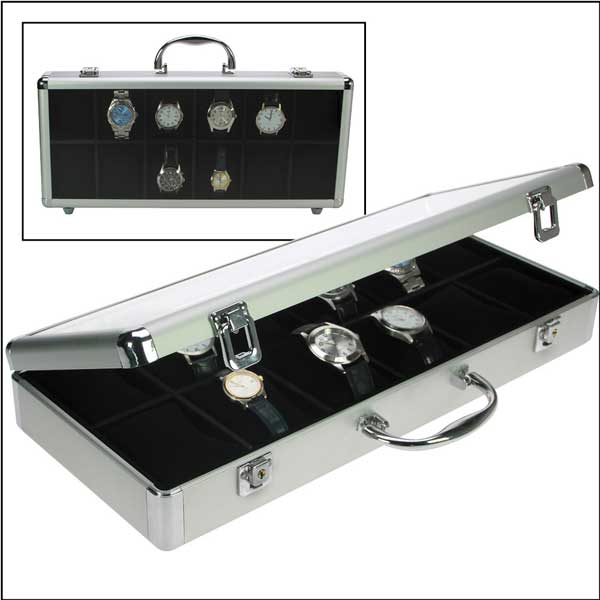 Alu Uhrenkoffer für 12 große Uhren Schaukasten Uhrenbox schwarz 4738 (11407)