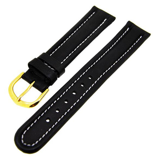 Uhrenarmband Lederband Schwarz mit weißer Naht 18mm dick gepolstert NEU 14138