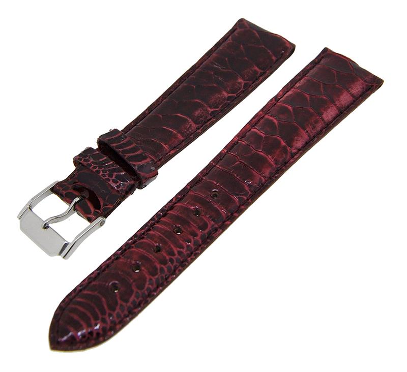 Uhrenarmband Lederband Bordeaux Glänzend Kroko 16mm Dornschließe Silber 14194
