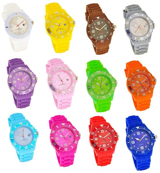 Damenuhr Silikon verschiedene Farben DATUM Analoguhr Quarz 5ATM Armbanduhr