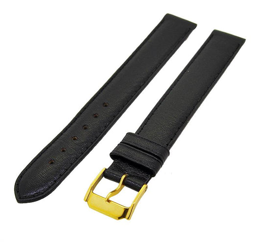 Uhrenarmband Leder Schwarz 16mm Ton in Ton XXL Dornschließe Gold Ersatzband 14988