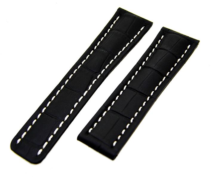 Uhrenarmband Lederband Schwarz mit weißer Naht 24mm ohne Schließe NEU 15459