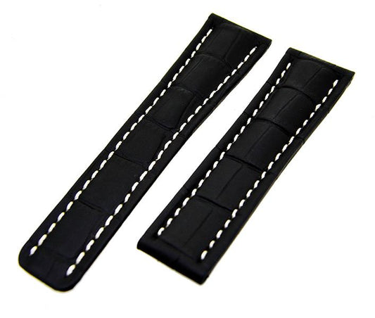 Uhrenarmband Lederband Schwarz mit weißer Naht 24mm ohne Schließe NEU 15459