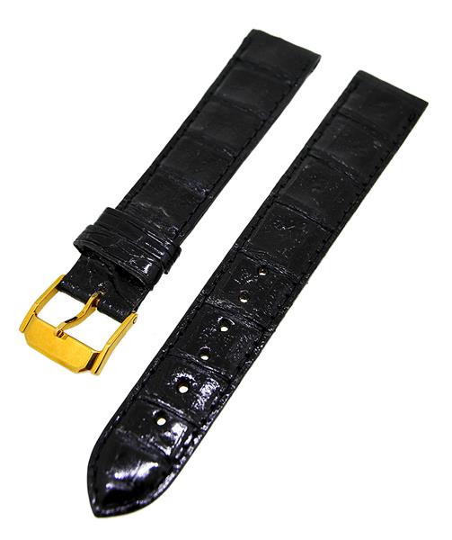 Uhrenarmband Lederband Schwarz Ton in Ton Kroko 16mm Dornschließe Gold 14395