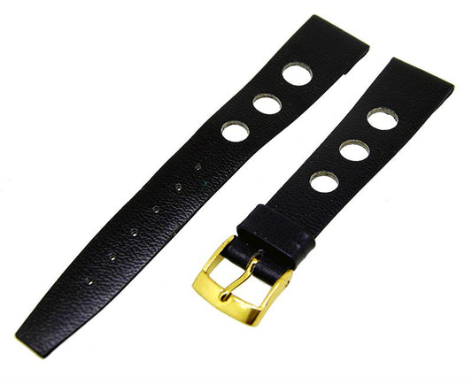Uhrenarmband Lederband Schwarz 16mm Dornschließe Gold Ersatzband NEU 14450