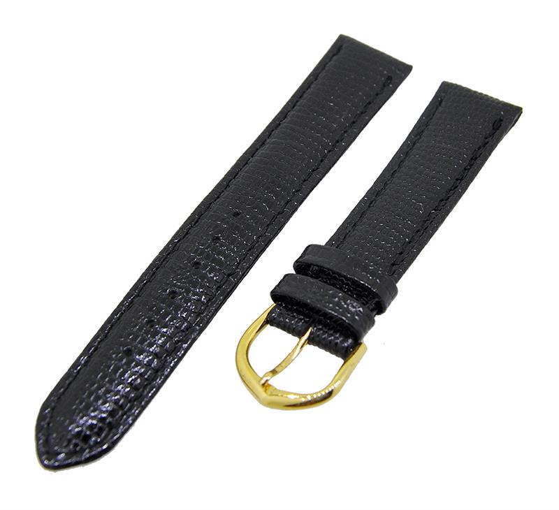 Uhrenarmband Leder Schwarz 18mm Ton in Ton Dornschließe Gold Ersatzband 14790