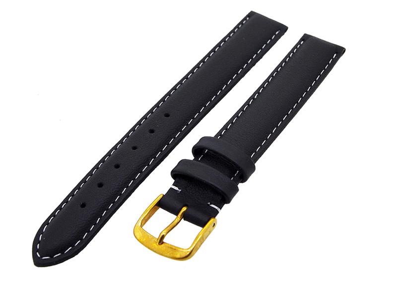 Uhrenarmband Leder Schwarz 16mm weiße Naht XL Dornschließe Gold Ersatzband 14981